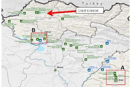 eine Landkarte zeigt die Lage des neuen Flüchtlingscamps Darkar in der Nähe der Stadt Berseve im Nordirak, August 2016