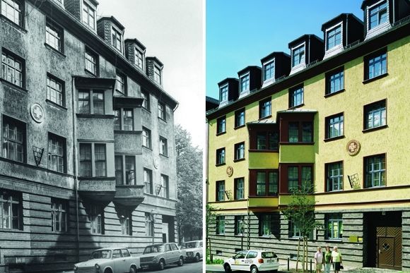 Das ASB-Bundeshaus in Karl-Marx-Stadt (Chemnitz) in den 1980er Jahren (li.) und im Jahr 2014. Heute betreibt der ASB Chemnitz dort eine betreute Wohnanlage.  